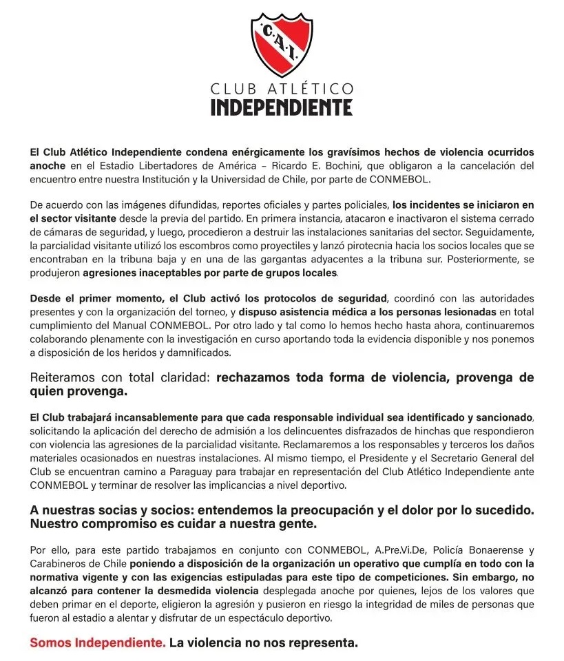 Comunicado de Independiente tras los incidentes