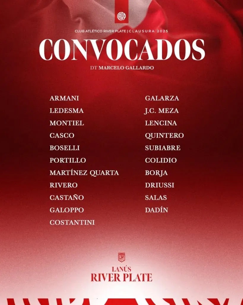 Convocados de Gallardo para enfrentar a Lanús por LPF 2025