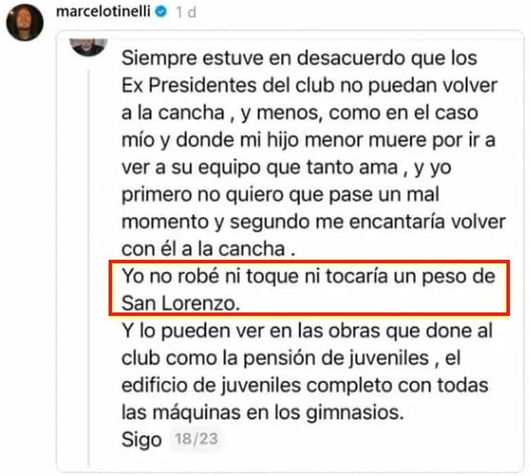 Publicación de Tinelli en Redes contra Moretti