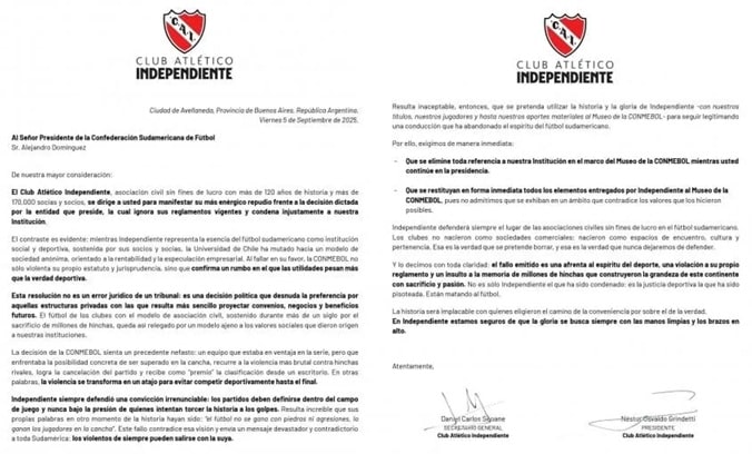 Comunicado de Independiente contra la CONMEBOL