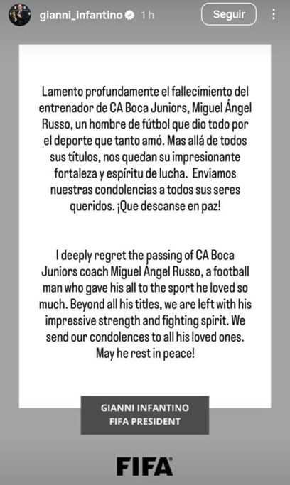 Mensaje de despedida de Infantino a Russo