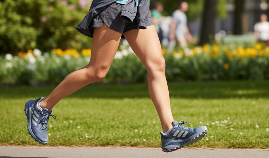 Mujer corriendo en el parque con zapatillas Adidas