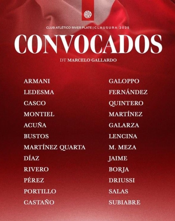Convocados de River para enfrentar a Boca en el Superclásico 2025