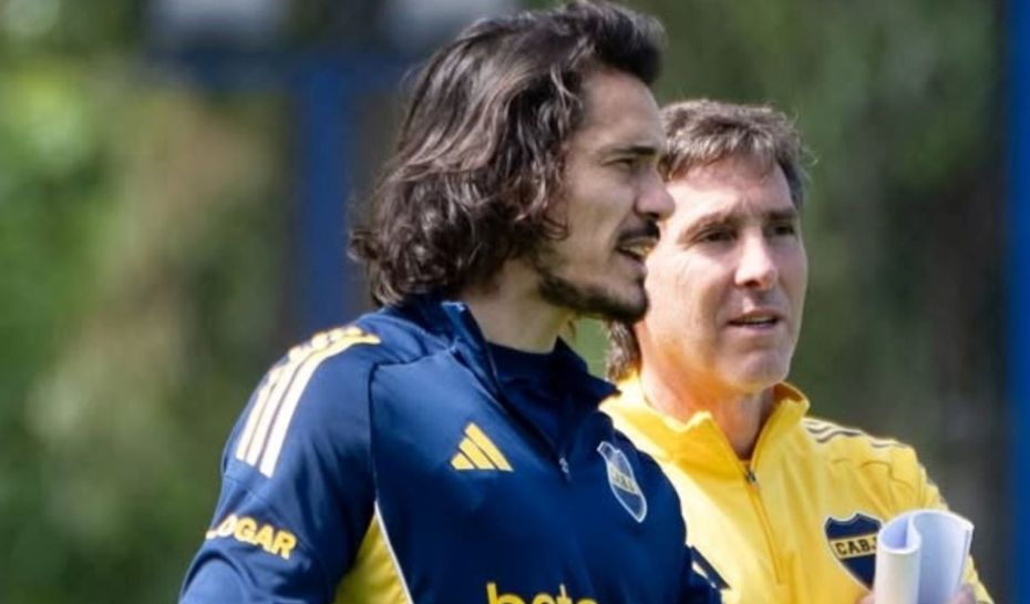 Úbeda y Cavani en el entrenamiento de Boca
