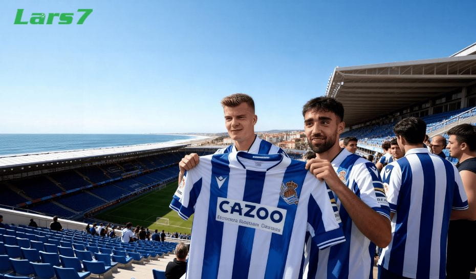 Hinchas en el estadio con la camiseta de Real Sociedad