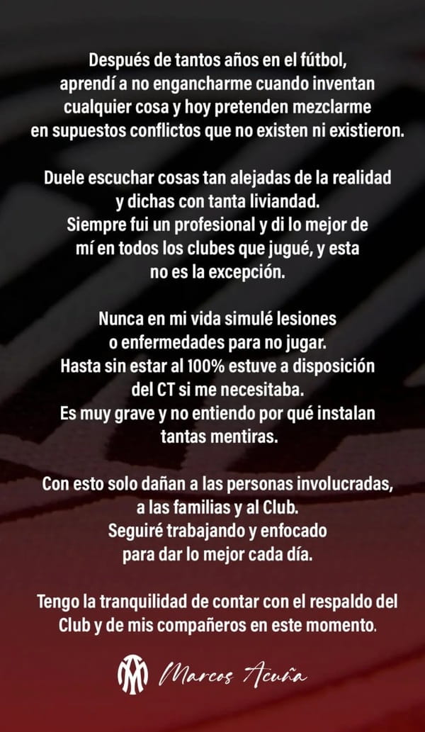 Comunicado de Acuña para desmentir rumores sobre la salida de Gallardo
