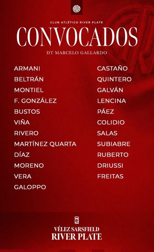 Los convocados de River para enfrentar a Vélez en el Apertura 2026