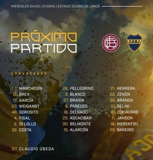 Convocados de Boca vs. Lanús por el Apertura 2026