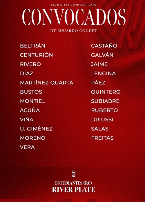 Convocados de River vs. Estudiantes de Río Cuarto por el Apertura 2026