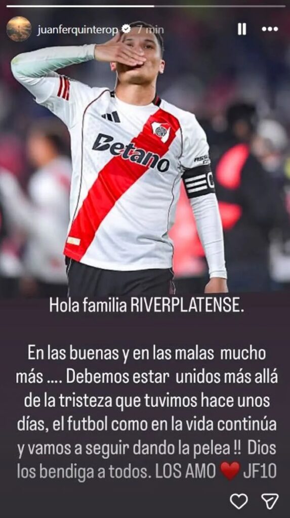 El mensaje de Juanfer Quintero tras los rumores de salida de River