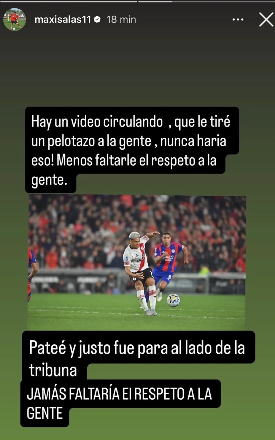 Publicación de Maxi Salas sobre el pelotazo a la tribuna de River