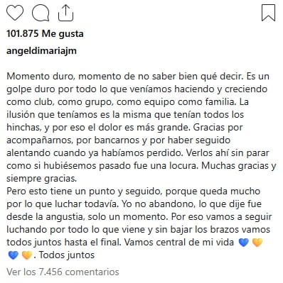 El mensaje de Di María tras la eliminación de R. Central por Copa Libertadores