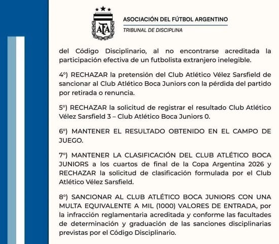 El fallo del Tribunal de Disciplina por Boca vs. Vélez en la Copa Argentina