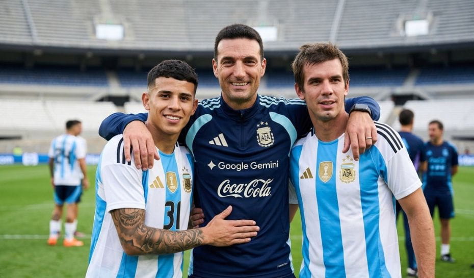 Scaloni junto a Leonel Flores y Mastantuono