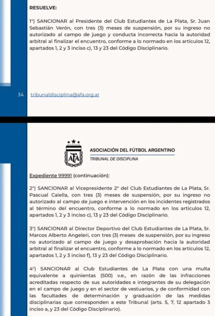 La AFA oficializó las sanciones para los dirigentes de Estudiantes